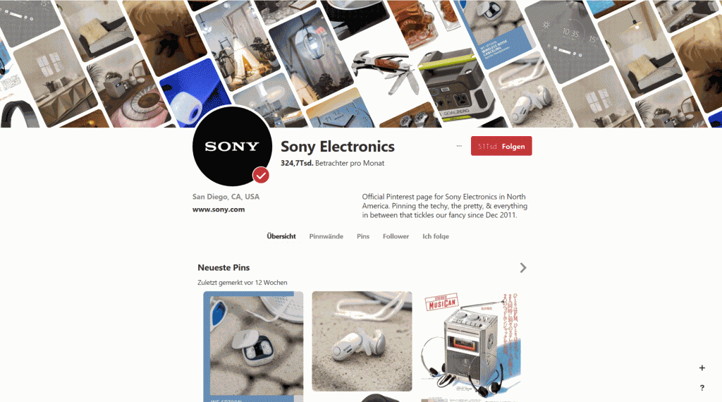Pinterest Profil von Sony Electronics