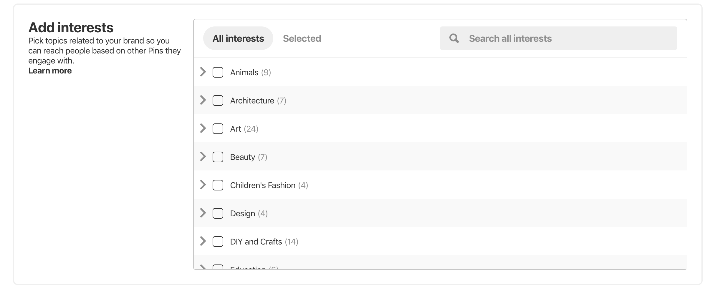 Pinterest Advertising Targeting Options Interests