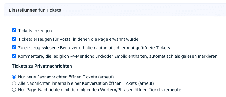 Community Management Tool Ticket Einstellungen