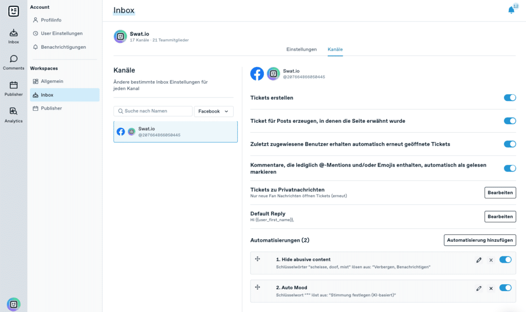 Swat.io Automatisierungen: Inbox Einstellungen