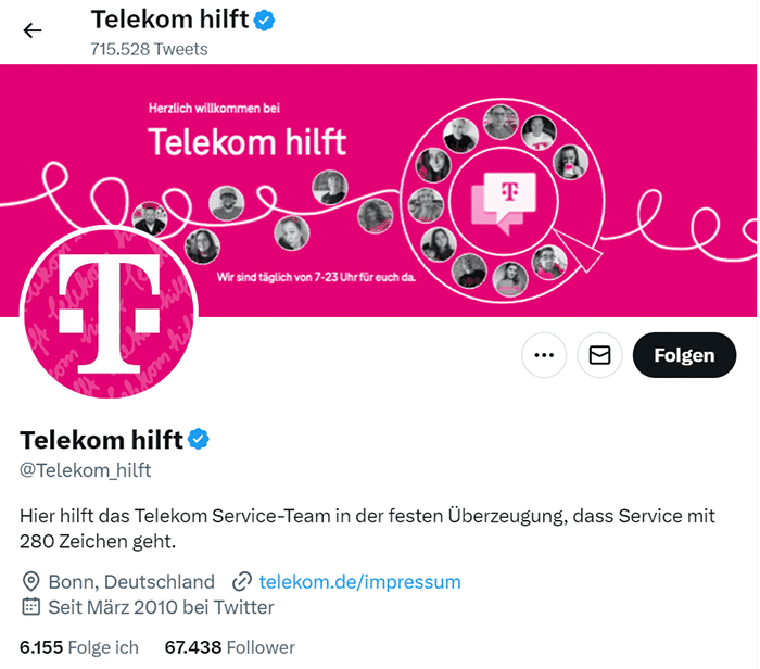 Social Media Kundendienst: Beispiel von Magenta für einen Kundendienst-Account auf Twitter