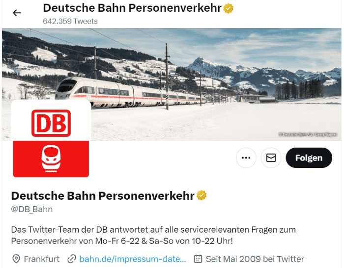 Social Media Kundendienst: Zeitliche Verfügbarkeit kommunizieren (Beispiel Deutsche Bahn)