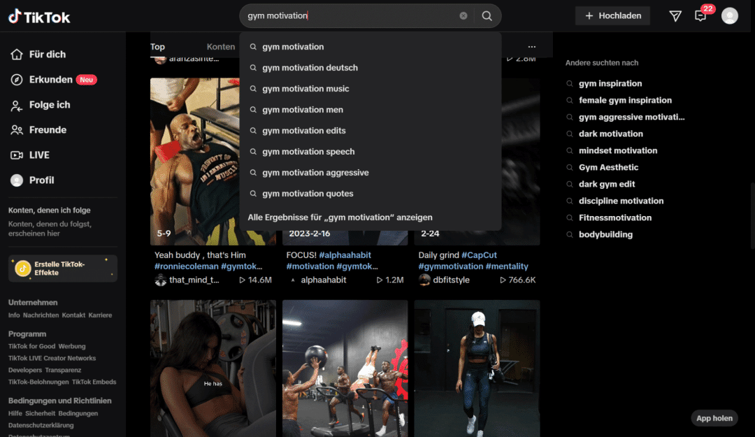 Screenshot aus TikTok. Zu sehen ist, wie das Keyword "Gym Motivation" in die Suche eingegeben wird und TikTok Vorschläge zur Vervollständigung angibt.