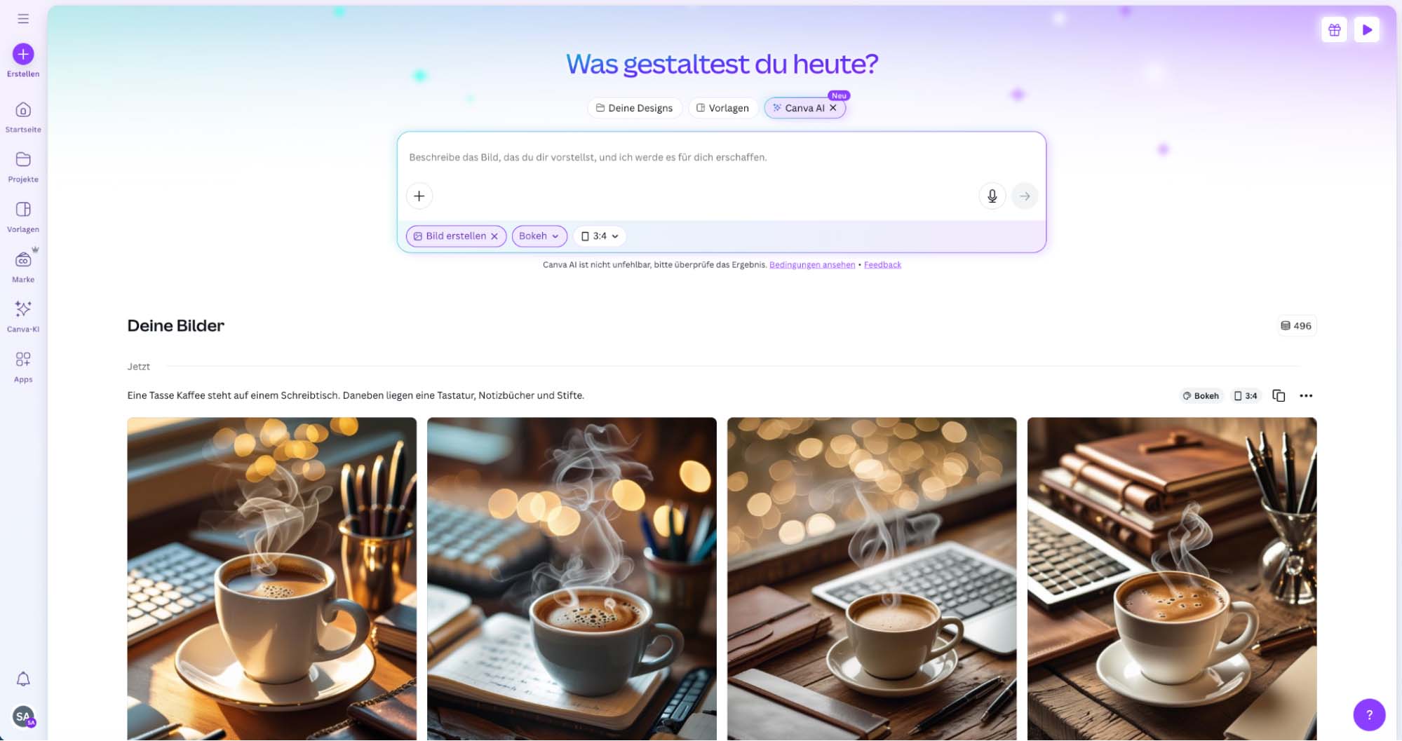 Screenshot der Canva-AI-Oberfläche mit vier generierten Bildern, die jeweils eine dampfende Tasse Kaffee auf einem Schreibtisch mit Tastatur, Notizbüchern und Stiften in warmer, Bokeh-artiger Beleuchtung zeigen.