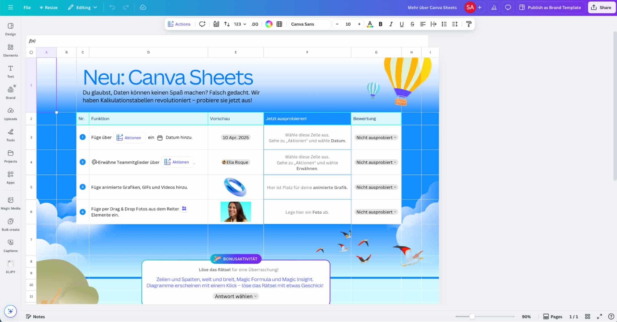 Screenshot einer farbenfrohen Canva-Sheets-Tabelle mit Beispielen für neue Funktionen wie Datumsauswahl, Team-Erwähnungen, animierte Medien und Drag-and-drop-Elemente.