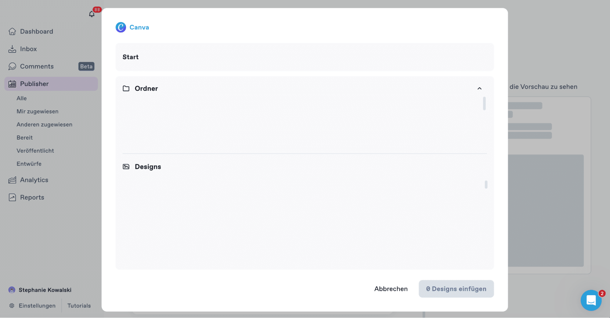 Screenshot der Swat.io-Oberfläche mit geöffneter Canva-Integration. Über diese können Designs aus Ordnern oder gespeicherten Dateien ausgewählt und in den Publisher-Workflow eingefügt werden.