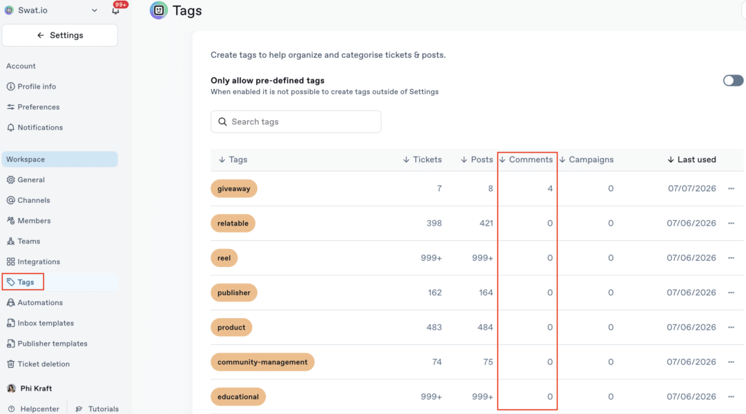Comment tags: Evaluation in Insights tag hub en
