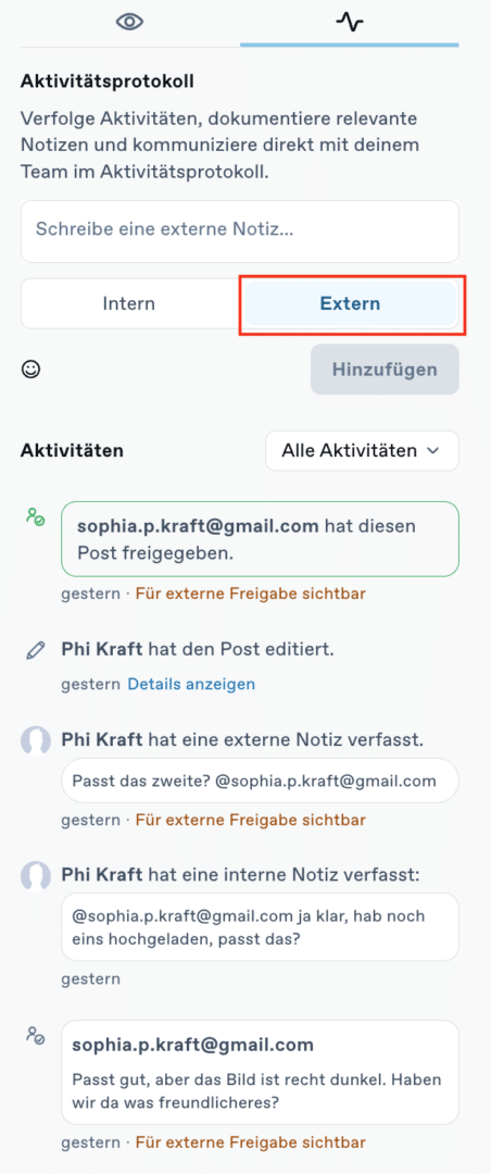 Post-Freigaben ohne Swat.io-Login dank externen Freigaben approval activity log DE