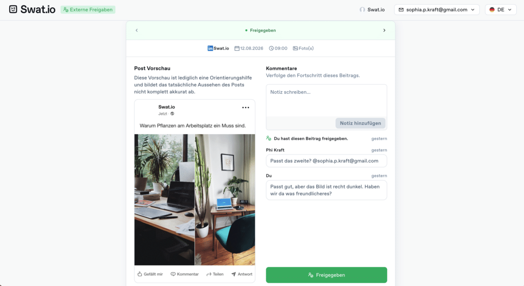 Post-Freigaben ohne Swat.io-Login dank externen Freigaben approval portal DE