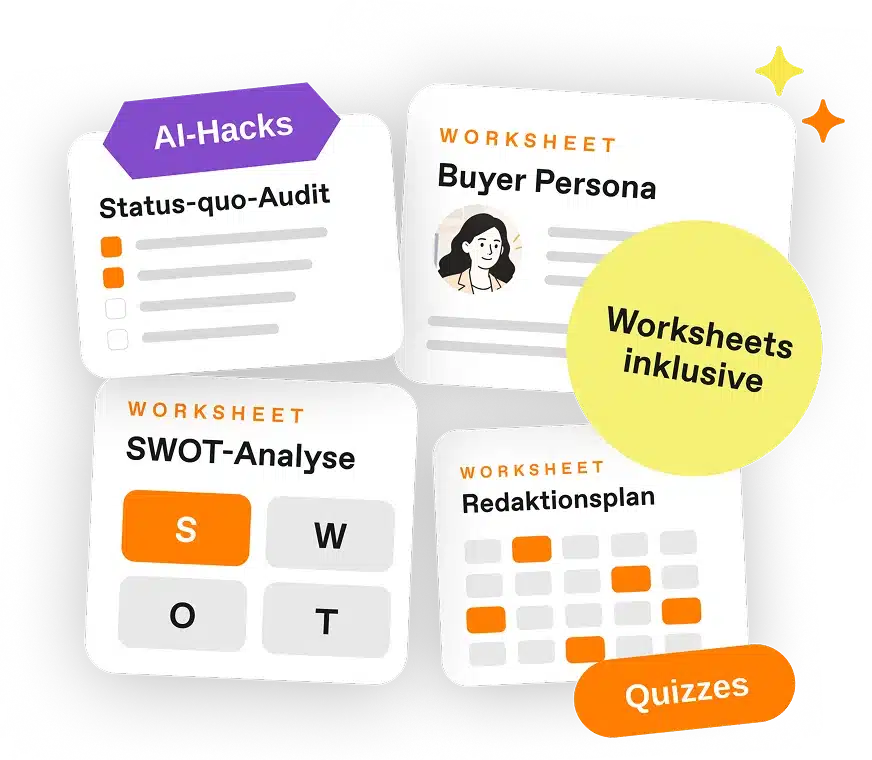 Worksheets aus dem Foundation-Kurs: Status-quo-Audit, Buyer Persona, SWOT-Analyse und Redaktionsplan